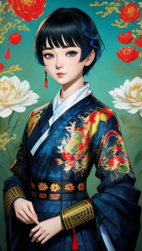 anime art style, anime_coloring,1 girl,short hair,blue hair,blue eyes,(feiyufu:0.7), chinese clothes, dress embroidered with animals and [flowers]<lora:FeiyufuCoolChineseMing_feiyufuV10:1>, (8k, best quality, masterpiece:1.0),(best quality:1.0), (ultra hig...