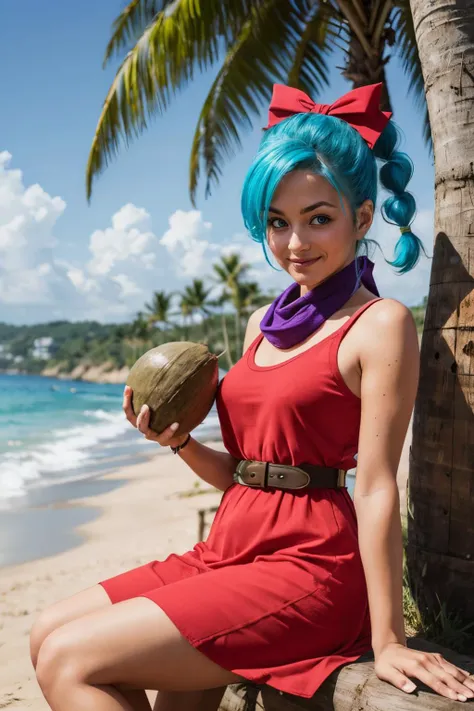 bulma, blue eyes, blue hair, braid, red hair bow, purple scarf, pink dress, clothes writing, belt, looking at viewer, serious, smirk, sitting, on log, outside, beach, holding coconut, sunny, palm tree, high quality, masterpiece,  <lora:DB_Bulma_v1:.9>