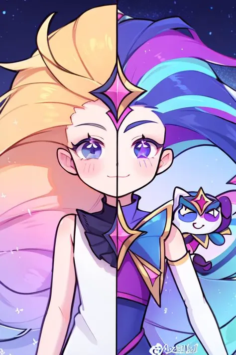 SplitScreen, split screen, masterpiece,best quality,
BREAK
zoe (lol), long hair,blue eyes,(multicolored hair:0.7),[ blonde hair: orange hair:0.5],shirt,smile, 
BREAK
starguardianzoe, (white thighhighs, elbow gloves, hair ornament, star guardian (league of ...