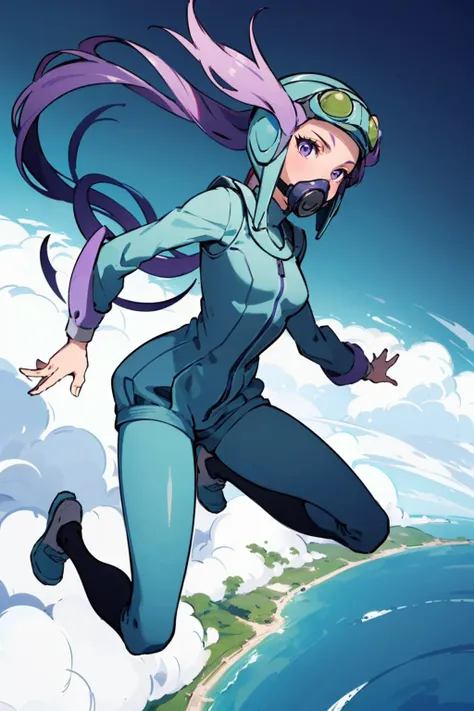 1girl,winona,long ponytail, helmet,(gas mask), goggles, blue bodysuit, white leggings, shoes,levitation,in midair, <lora:winona-nvwls-v1-final:0.7>