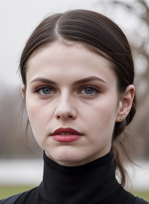 A stunning intricate color close up portrait of (sks woman:1) , wearing black turtleneck, epic character composition, sharp focus, natural lighting, subsurface scattering, f2, 35mm, film grain, , by Annie Leibovitz, <lora:lora-small-alexandra-daddario-v1:1...