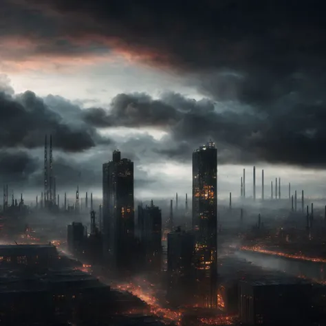 masterpiece, best quality, ultra-detailed, 8k,  cityscape, factories, cloudy, dark,