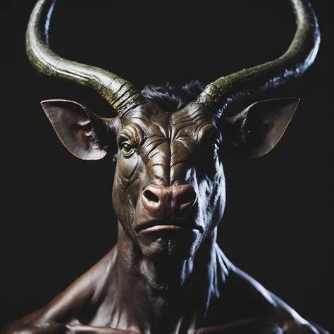 Headshot of Minotaur in Farm, photorealistic, cinematic lighting, volumetric lighting, dark atmosphere