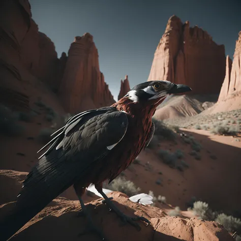 Glamour portrait shot of Thunderbird in Red rock formations, photorealistic, cinematic lighting, volumetric lighting, dark atmosphere