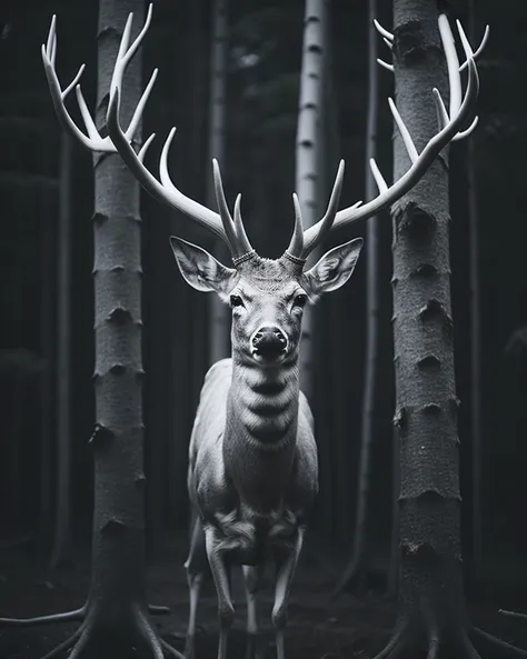 masterpiece, portrait shot of an albino male deer in dense forest, photorealistic, cinematic lighting, volumetric lighting, dark...