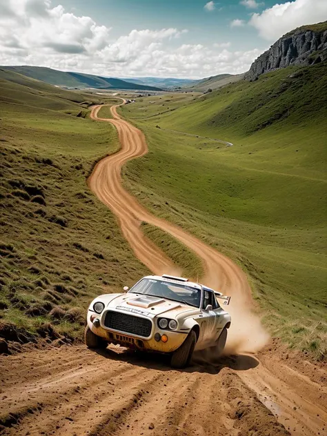 arafed car driving on a dirt road in a hilly area