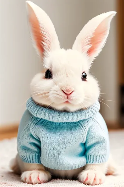 a close up of a white rabbit wearing a blue sweater