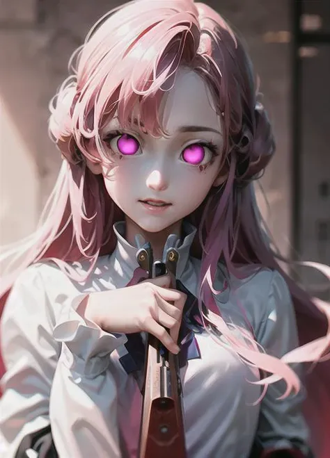 <lora:Code Geass - Euphemia li Britannia @ Euphemia li Britannia:0.85> ,euphemia li britannia, dress, light smile, open mouth, blood, (blood on face, blood on hands, blood on clothes:1.5), in ruined city background, (explossion, fire, smoked:1.3), (weapon,...