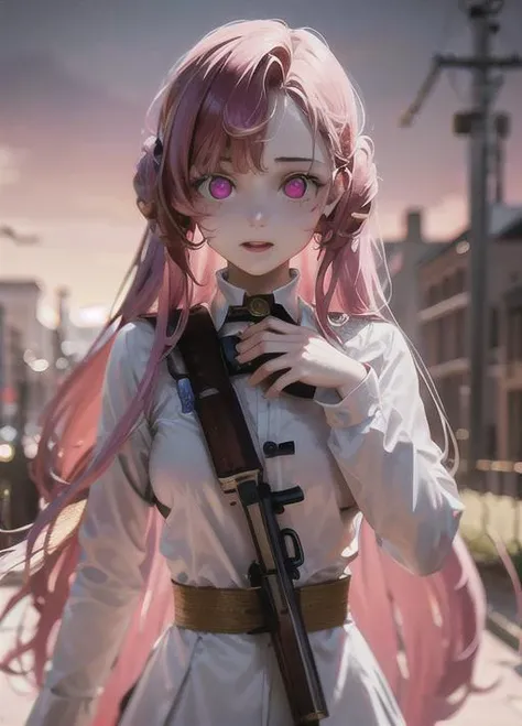 <lora:Code Geass - Euphemia li Britannia @ Euphemia li Britannia:0.85> ,euphemia li britannia, dress, light smile, open mouth, blood, (blood on face, blood on hands, blood on clothes:1.5), in ruined city background, (explossion, fire, smoked:1.3), (weapon,...