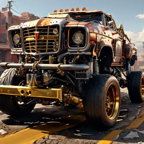 ((best quality)), ((masterpiece)), ((realistic,digital art)), (hyper detailed),scrapbuiltai Big Conveyance,    Running Boards,  Brass, Eccentric,  , octane rendering, raytracing, volumetric lighting, Backlit,Rim Lighting, 8K, HDR,  <lora:ScrapBuiltAI:1>