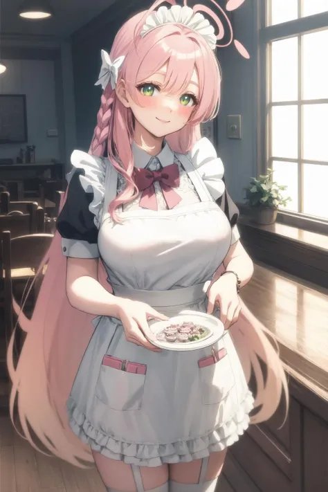 anime girl in a maid outfit holding a plate of food