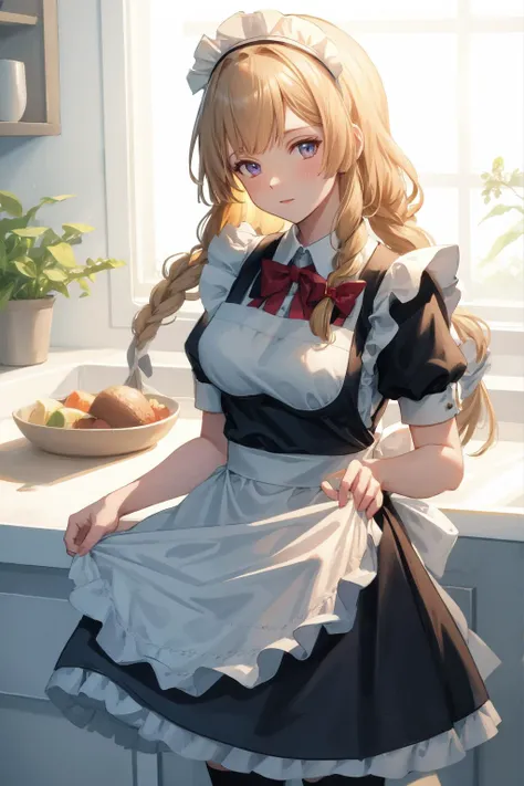 anime girl in maid outfit posing in kitchen with plate of food