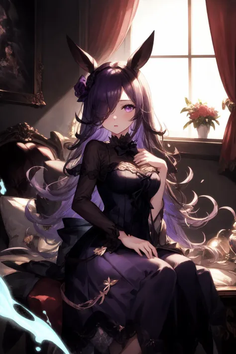 a woman in a black dress sitting on a bed with a cat ears