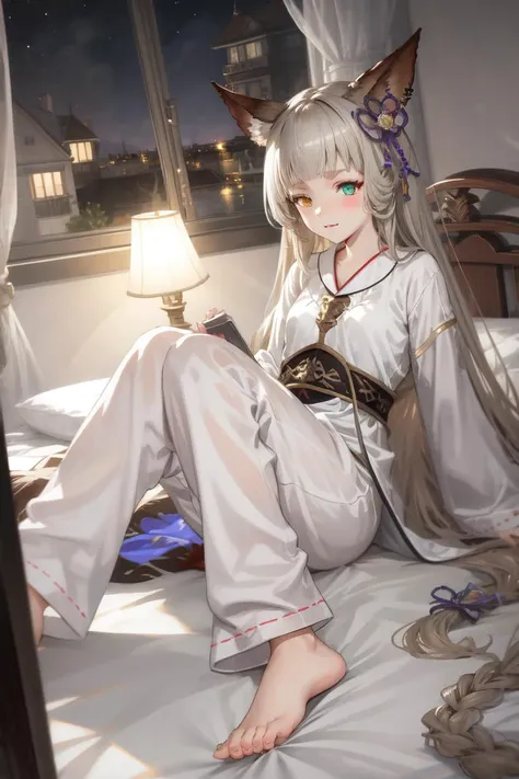 anime girl in white pajamas sitting on bed with cat ears