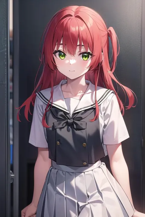 kitaikuyo, <lora:ikuyokita-lora-nochekaiser:1>, 
ikuyo kita, (green eyes:1.5), hair between eyes, long hair, one side up, red hair, (flat chest:1.2), smile,
BREAK black footwear, black skirt, grey sailor collar, pleated skirt, sailor collar, school uniform...