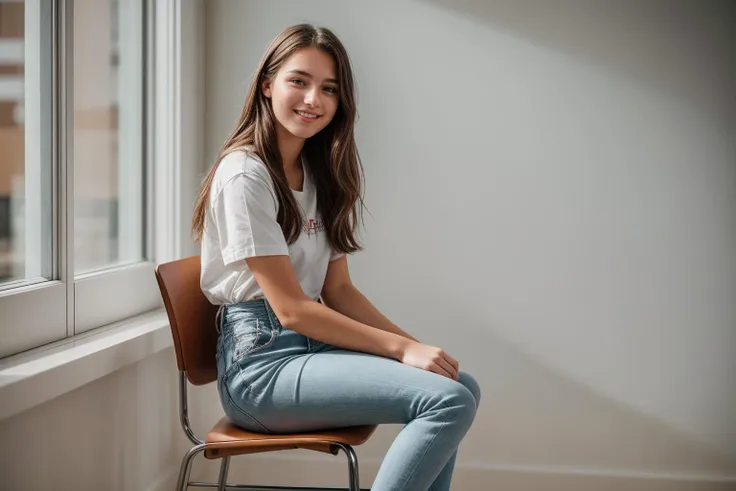 full body,photo of a 18 year old girl,Sitting on the edge of a chair,happy,ray tracing,detail shadow,shot on Fujifilm X-T4,85mm f1.2,depth of field,blurry background,bokeh,motion blur,<lora:add_detail:1>,