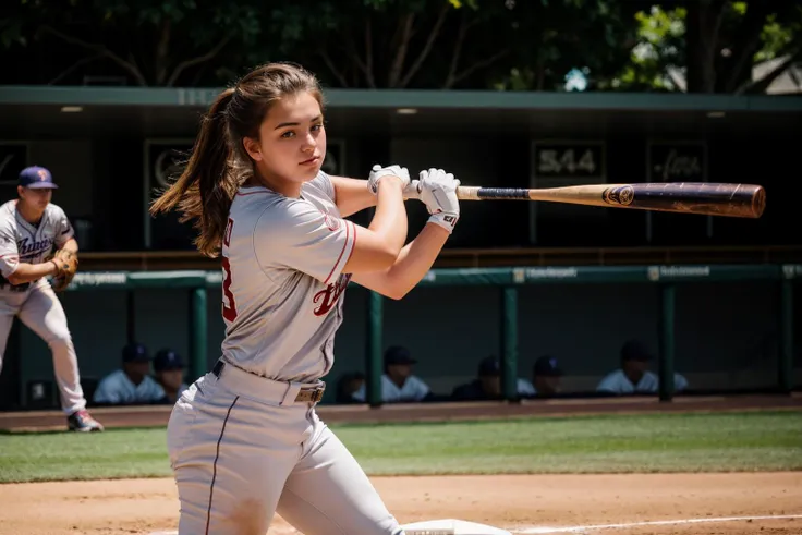 full body,photo of a 18 year old girl,baseball hitter,baseball bat in hand,batting,ray tracing,detail shadow,shot on Fujifilm X-T4,85mm f1.2,sharp focus,depth of field,blurry background,bokeh,lens flare,motion blur,<lora:add_detail:1>,