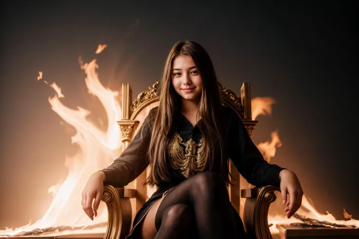 photo of a 18 year old girl,sitting on a throne of fire,happy,ray tracing,detail shadow,shot on Fujifilm X-T4,85mm f1.2,sharp focus,depth of field,blurry background,bokeh,lens flare,motion blur,<lora:add_detail:1>,