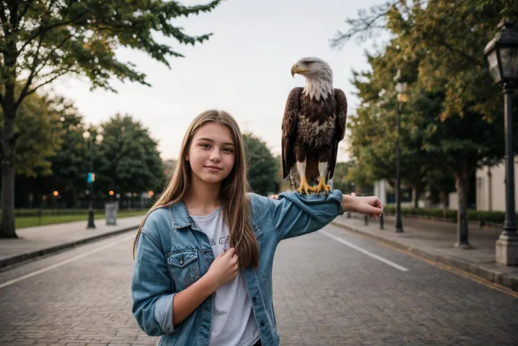 photo of a 18 year old girl,standing,a eagle standing on her arm,happy,ray tracing,detail shadow,shot on Fujifilm X-T4,85mm f1.2,sharp focus,depth of field,blurry background,bokeh,lens flare,motion blur,<lora:add_detail:1>,