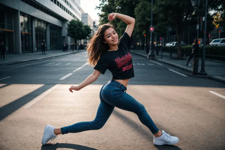 full body,photo of a 18 year old girl,breakdance freeze,happy,ray tracing,detail shadow,shot on Fujifilm X-T4,85mm f1.2,sharp focus,depth of field,blurry background,bokeh,lens flare,motion blur,<lora:add_detail:1>,