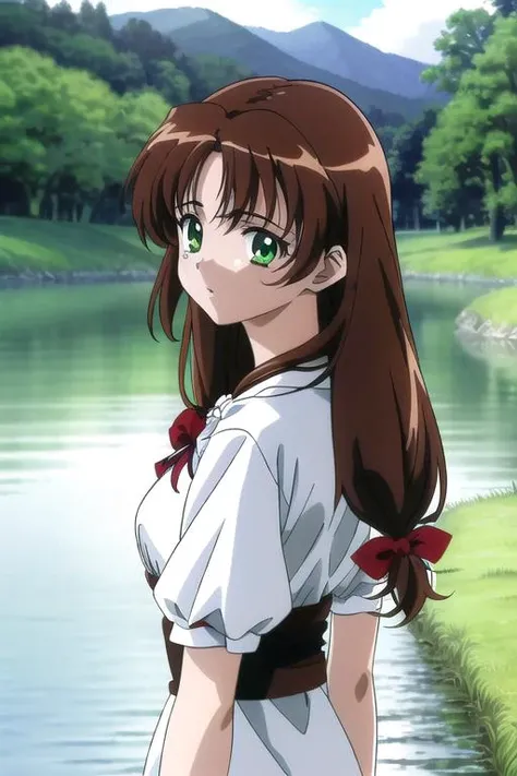 ultra detail,best quality,masterpiece, Mew, 1girl, soro, green_eyes, ribbon, hair_ribbon, long_hair, anime, forest,lake,tree,anime_screencap, <lora:Mew:0.7>white blouse,red ribbon,brown hair