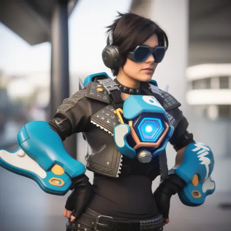 documentary photography photo of a woman dressed as tracer person <lora:overwatch-000006:0.9>, candid, real-life events, social commentary, highly detailed