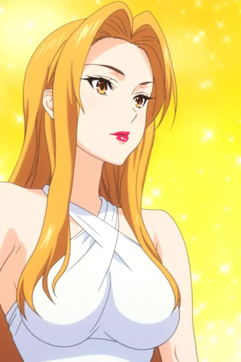 natsume, 1girl, solo, long_hair, breasts, looking_at_viewer, blonde_hair, large_breasts, bare_shoulders, brown_eyes, medium_breasts, closed_mouth, upper_body, sleeveless, white_dress, lips, sparkle, makeup, sleeveless_dress, halterneck, hair_intakes, lipst...