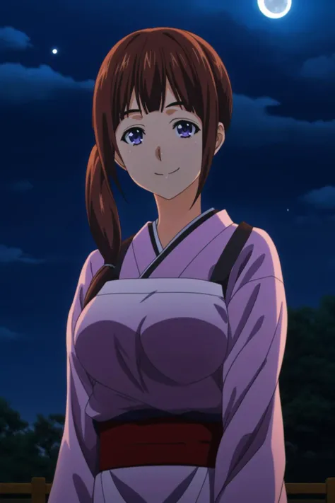 hinako, 1girl, solo, breasts, long_hair, looking_at_viewer, smile, blue_eyes, brown_hair, purple_eyes, upper_body, medium_breasts, japanese_clothes, sky, apron, side_ponytail, night, moon, night_sky, hair_over_shoulder, full_moon, mature_female