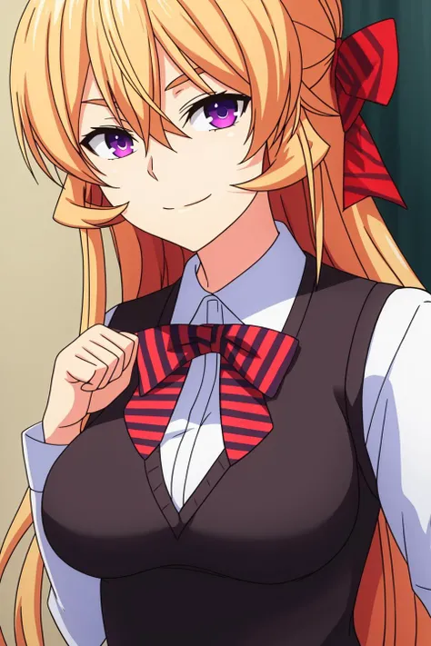 erina, anime art style, 1girl, solo, long_hair, breasts, looking_at_viewer, smile, blonde_hair, large_breasts, shirt, long_sleeves, bow, hair_between_eyes, very_long_hair, closed_mouth, school_uniform, purple_eyes, white_shirt, upper_body, striped, collare...