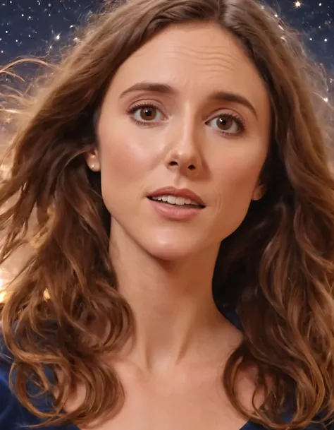 a close up of a woman with long hair and a blue dress