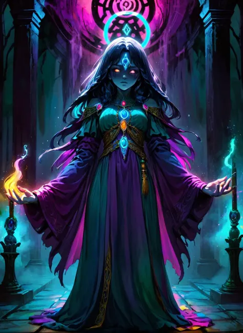 female, fantasy setting background, priestess, HD, chromatic aberration, colorful, bright colors,, gloomy colors, dark aura, horror