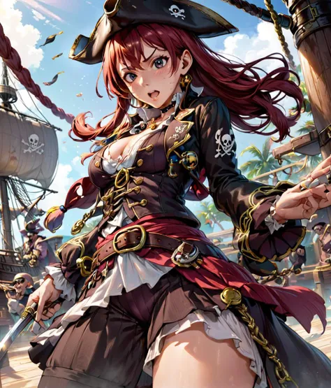 a woman in pirate costume standing on a ship with a sword