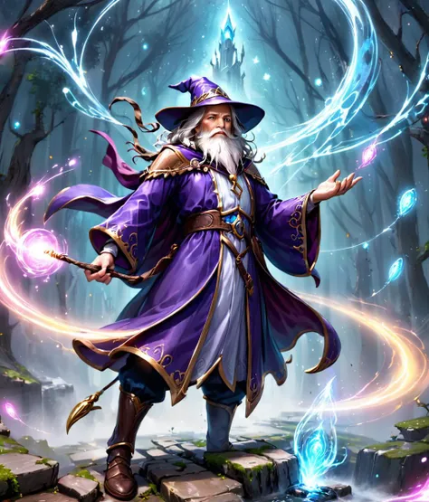 a wizard with a magic wand and a magic ball in his hand