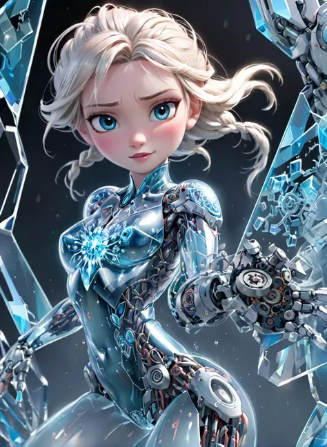 elsa from frozen as a mecha, mecha, (solo:1.3), (glass skin with mechanical parts inside), HD