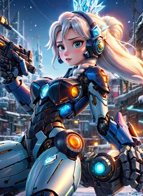 elsa from frozen as a mecha, (mecha:1.5), cyber cannon, mecha helmet, action pose, (masterpiece), best quality, highres, 4k, 8k, amazing quality, amazing shading, soft lighting