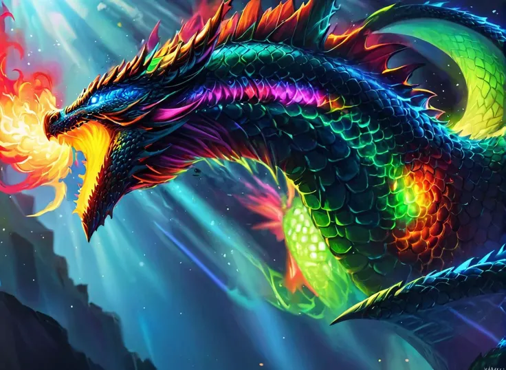 fantasy art of  dragon breathing fire, fantasy dragon BREAK <lora:Classic Western Dragons XL:1> <lora:Neon_Style_XL:0.4> neon_style, (masterpiece), best quality, highres, 4k, 8k, amazing quality, amazing shading, soft lighting