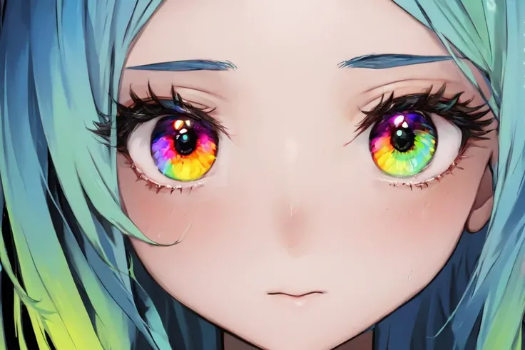 anime girl with blue hair and rainbow eyes staring at the camera