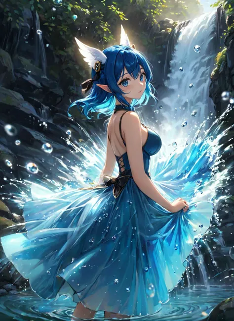 (water angel), blue hair ,blue eyes, lfloating bubbles around her, water wings. Large breasts, elegant blue dress , elf ears,  BREAK water splashes all round her body, water ball floating over the head, at steampunk waterfall, (masterpiece), best quality, ...