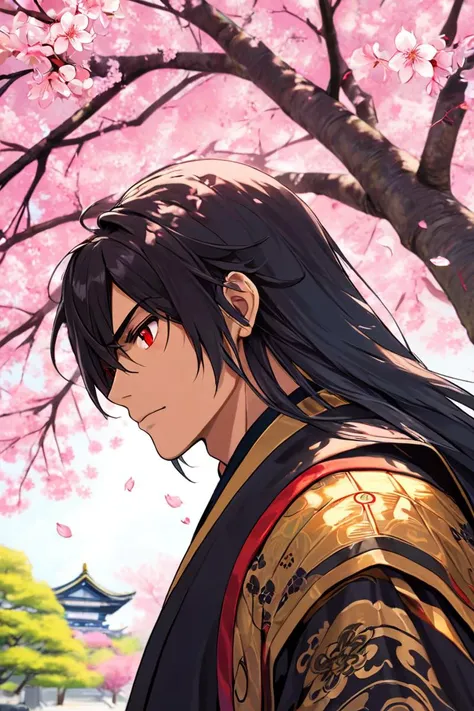 a muscular man, samurai, long hair, walking, colored hair, red eyes,  facing viewer,
 chromatic aberration, dynamic angle,
japansese temple in background, under a sakura tree, high definition photo, ultra detailed skin, ultra detailed face, small skin impe...