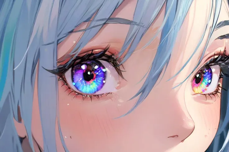 anime girl with blue hair and purple eyes staring at something