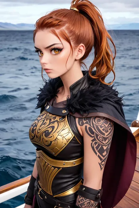 viking woman, sailing on a viking boat on iceland, full body, cinematic scene, tattoos, viking warrior, sexy, anime style, wearing furr cape, leather armor, muscular body, high definition photo, ultra detailed skin, ultra detailed face, small skin imperfec...