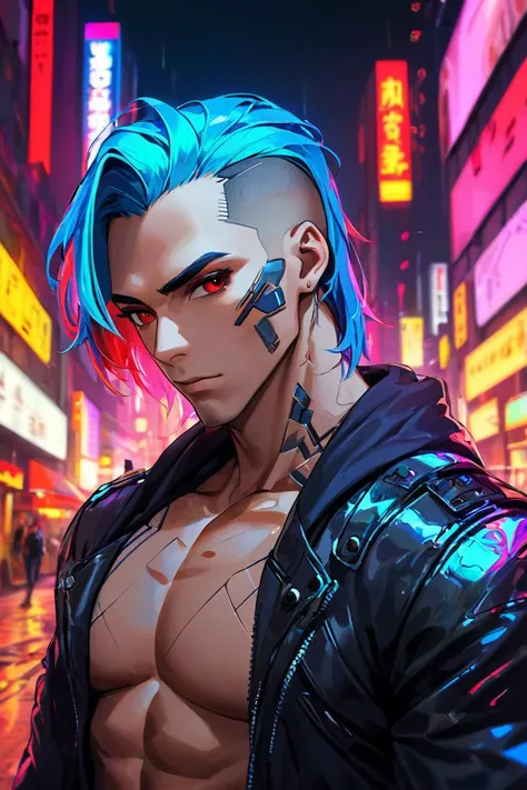 a muscular man, wearing cyberpunk clothes, walking, colored hair, red eyes,  facing viewer,
neon lights, chromatic aberration, dynamic angle,
colorful background, cyberpunk city in background, high definition photo, ultra detailed skin, ultra detailed face...