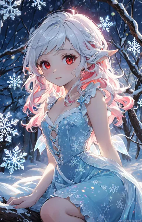 era elf,(giant elves sit on the treetops:1.2),(snowflakes:1.4),(blue skin),enchanting beauty,(fantasy),(elf mother tree),(world tree),ethereal glow,pointed ears,delicate facial features,long elegant hair,mystical ambiance,soft lighting,tranquil expression,...