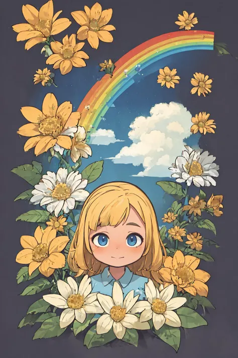 a cartoon girl with blonde hair and blue eyes surrounded by flowers