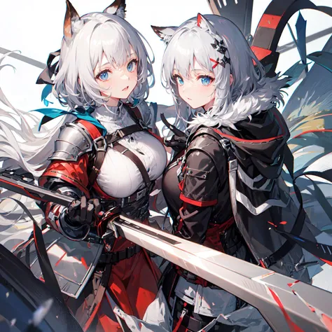 knight,holding huge sword,silver armor,battle,monster hunter,long weavy hair,animal ears, arknights,