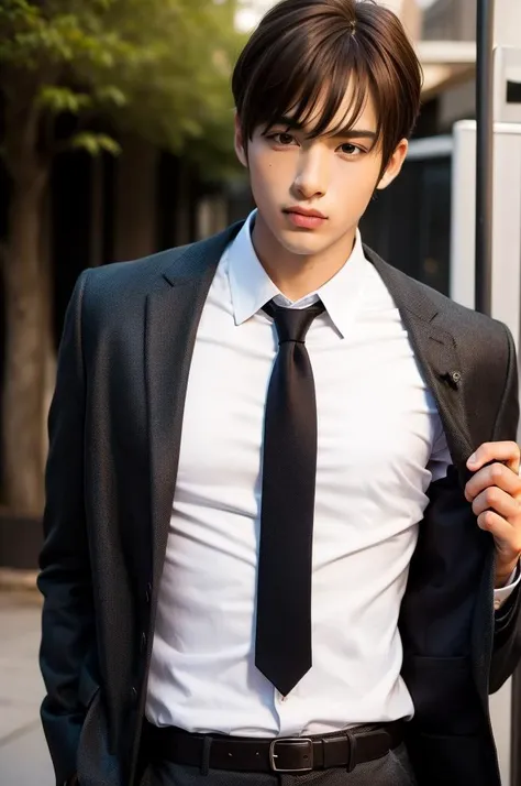 arafed man in a suit and tie standing on a sidewalk