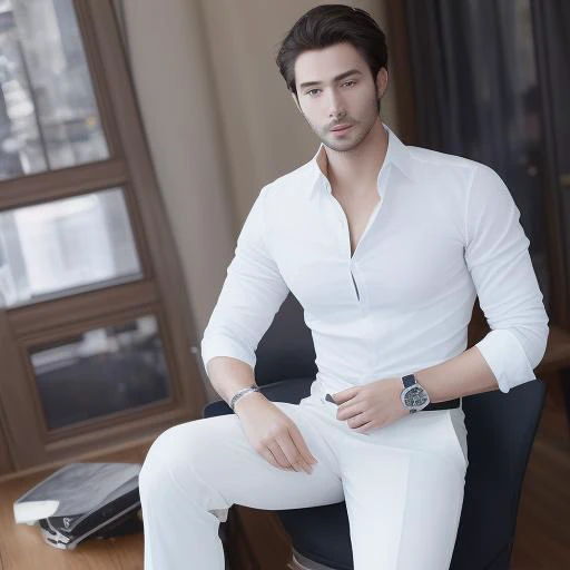 a man in white shirt and white pants sitting on a chair