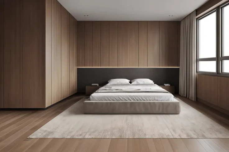 interior design,log style,bed room,bed,no humans,wooden floor,window,scenery,curtains,still life,