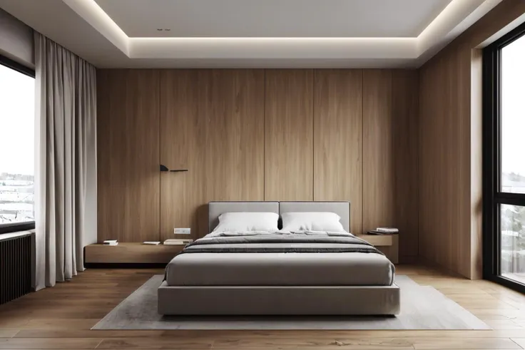 a close up of a bed in a bedroom with a wooden wall