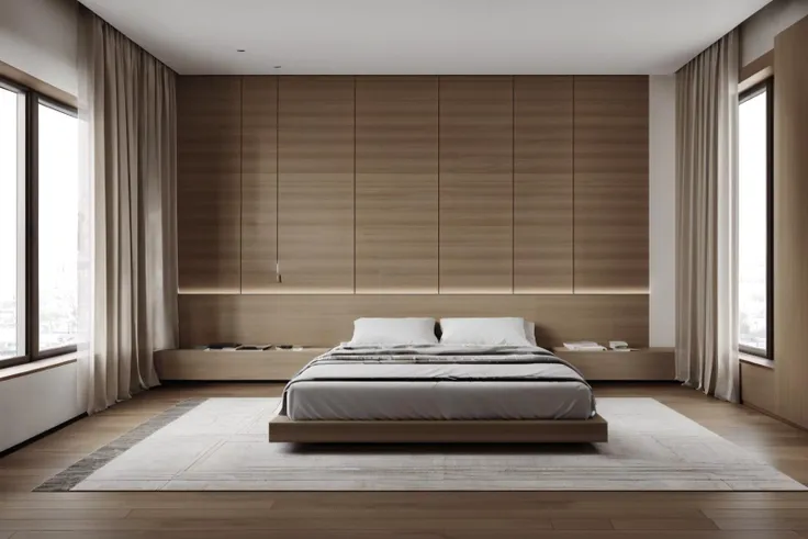 a close up of a bed in a bedroom with a wooden wall